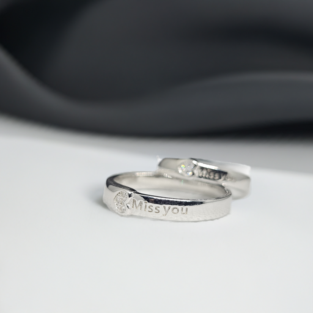 "Miss You" Engraved Silver Couple Rings with CZ Accent