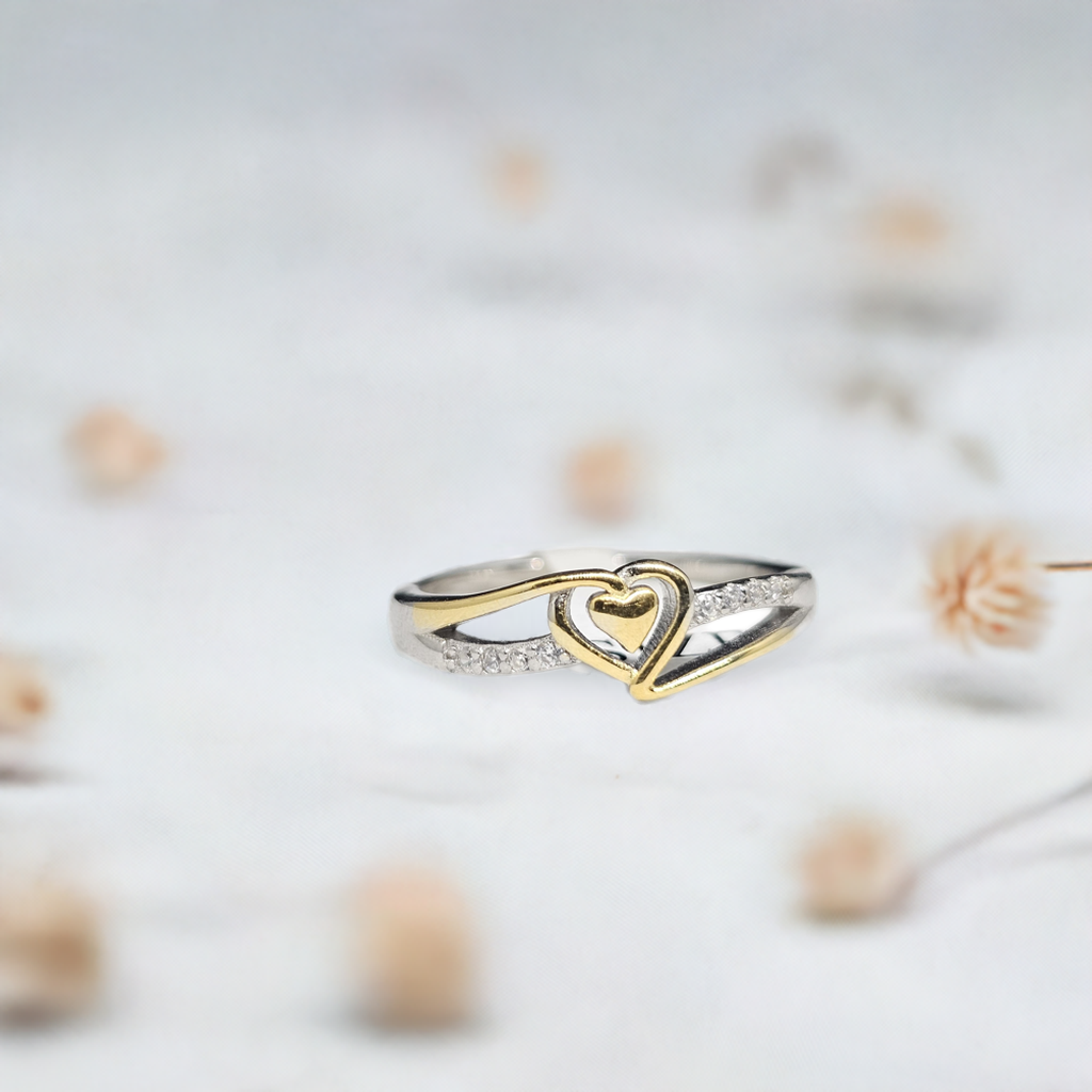 Gold Heart & CZ Pave Silver Ring
