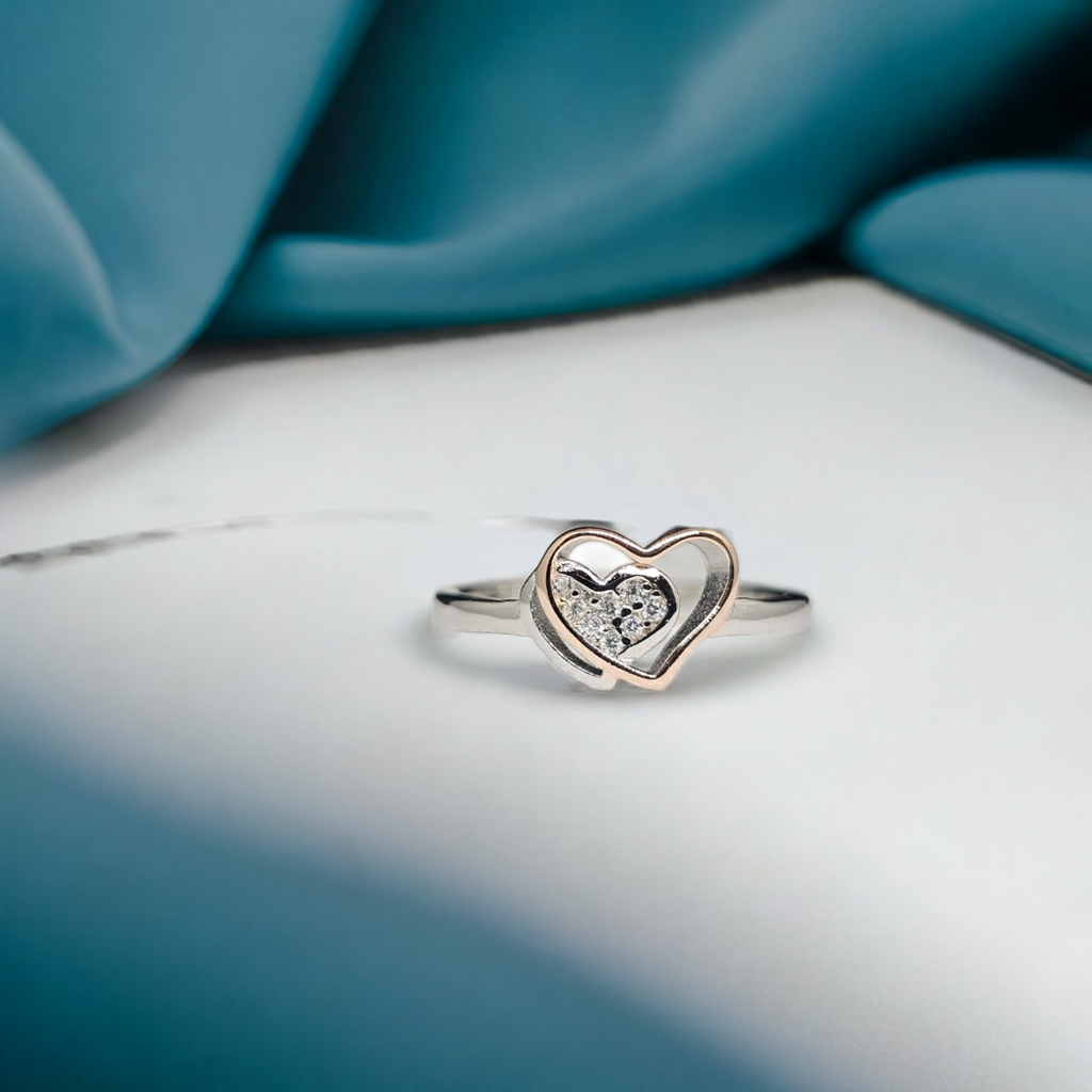 Sterling Silver & Rose Gold Double Heart Ring with CZ Sparkle