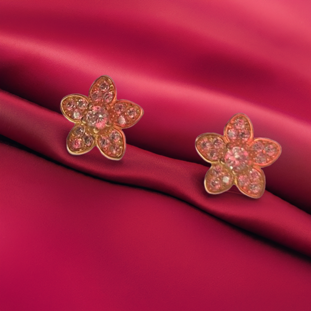 Gold Coated Flower Shaped Pure Silver Ear rings with White Stones