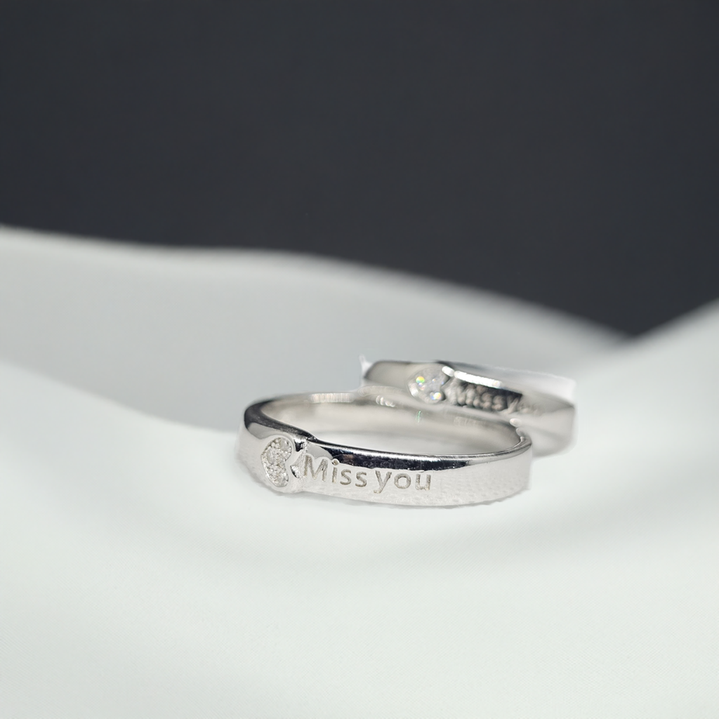 "Miss You" Engraved Silver Couple Rings with CZ Accent