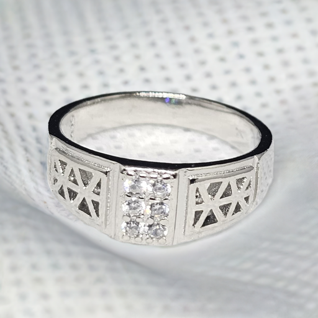 Geometric Pattern Sterling Silver Men's Ring with CZ Accents
