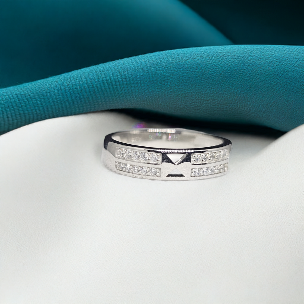 Structured Silver Unisex Band Ring with Geometric Detail & CZ Accents