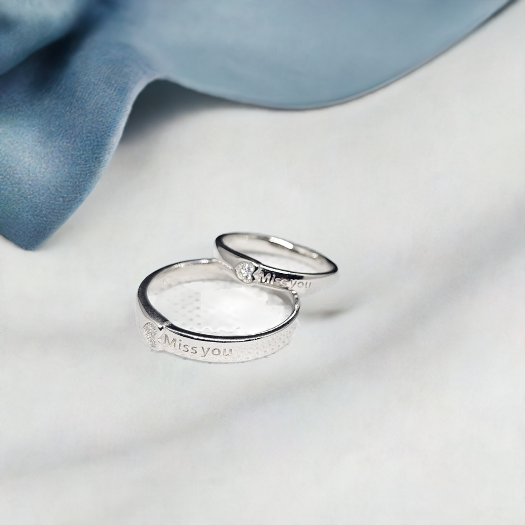 "Miss You" Engraved Silver Couple Rings with CZ Accent