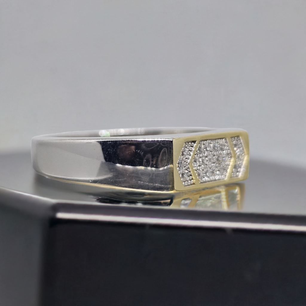 Two-Tone Gold & Sterling Silver Hexagon CZ Ring - Modern Luxury Design