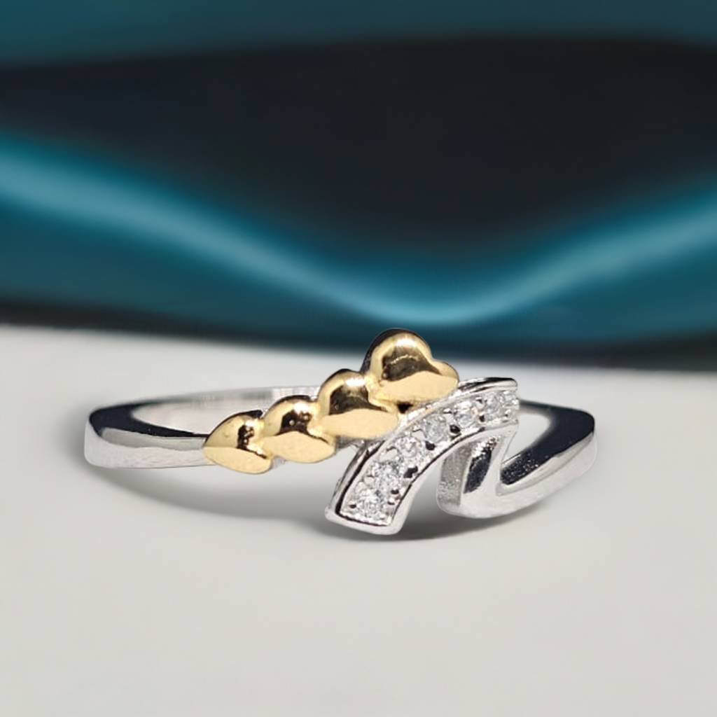 Silver Ring with Gold Heart Detail & CZ Curve - Chic Asymmetrical Design