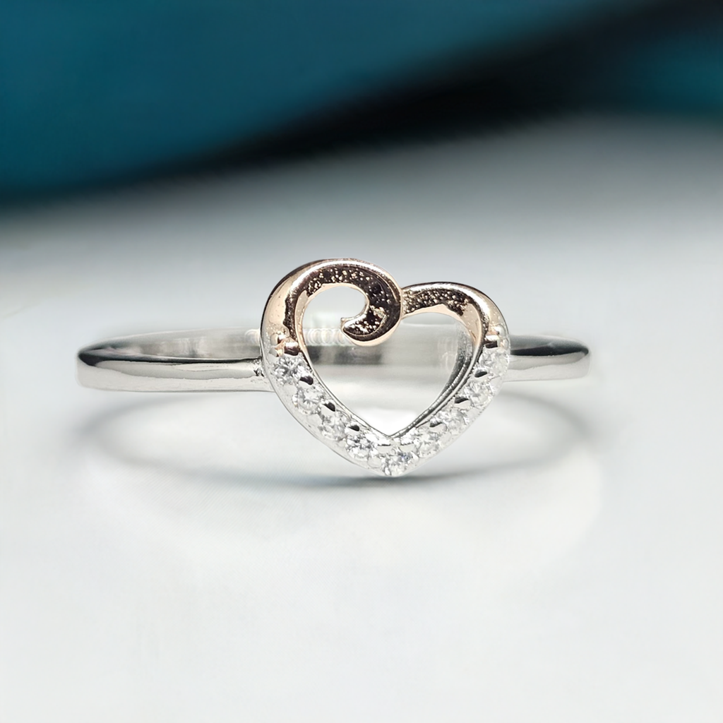 Sterling Silver & Rose Gold Double Heart Ring with Diamond Accents