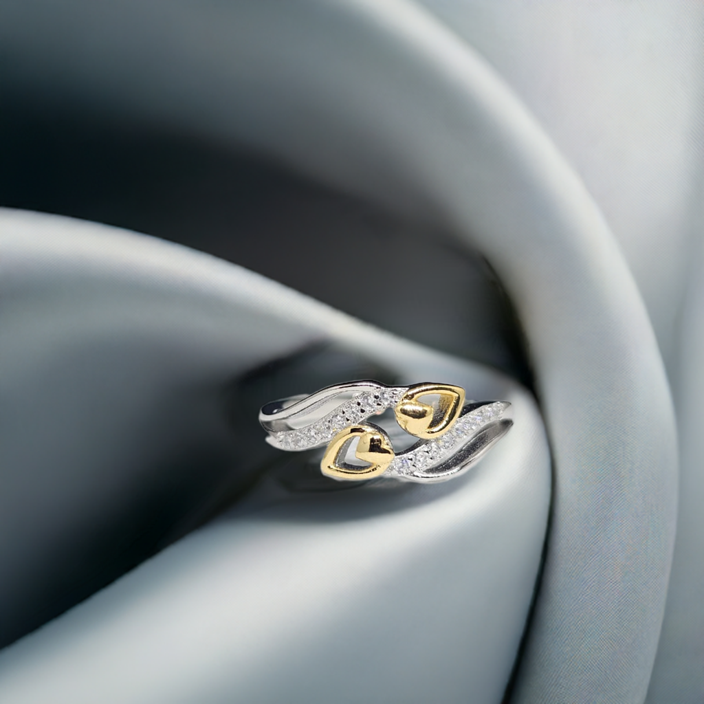 Pure Sterling Silver Bypass Ring with Gold Hearts & Crystal Accents