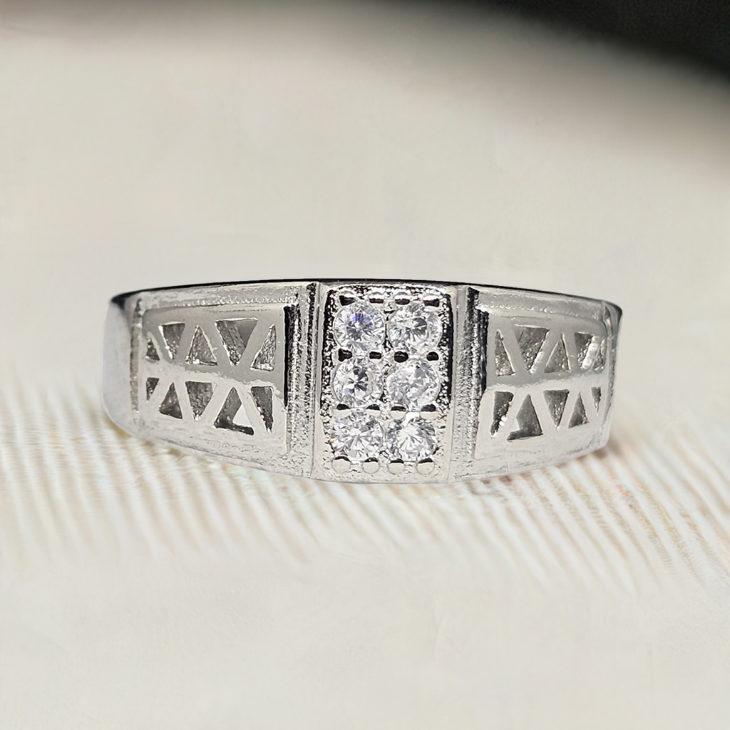 Geometric Pattern Sterling Silver Men's Ring with CZ Accents