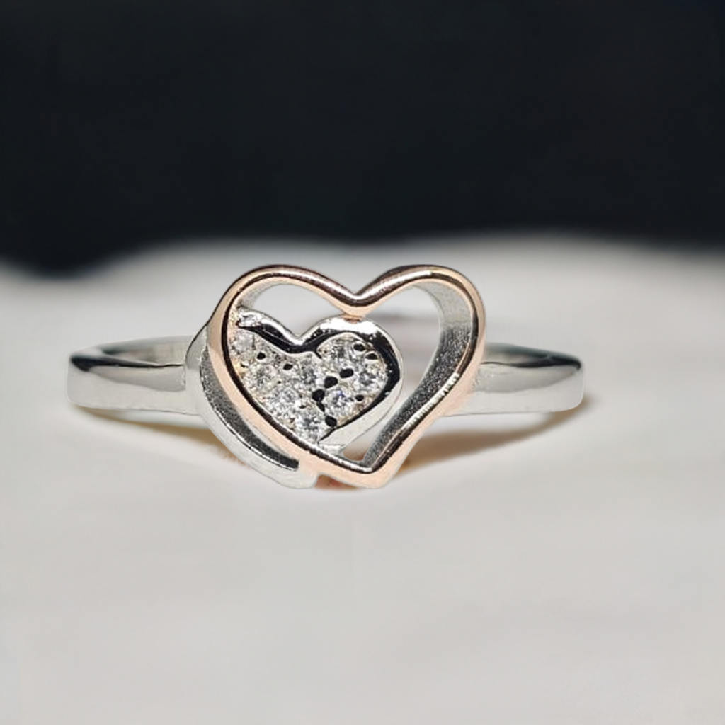 Sterling Silver & Rose Gold Double Heart Ring with CZ Sparkle