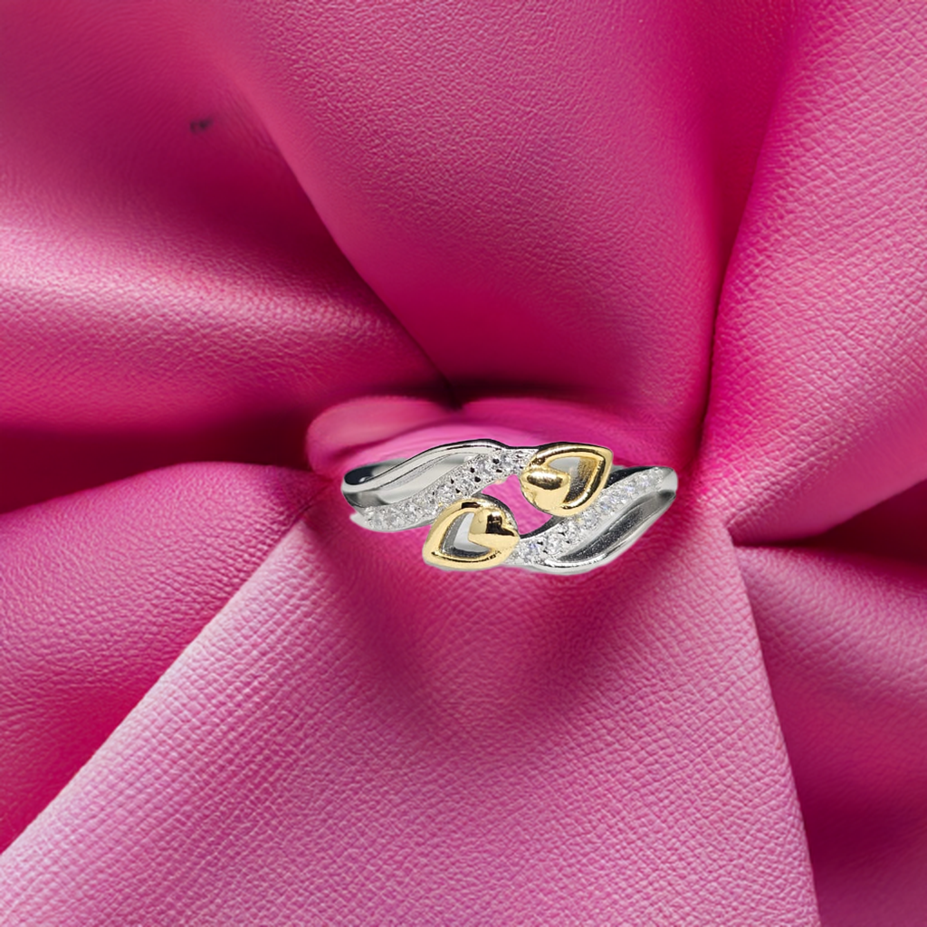 Pure Sterling Silver Bypass Ring with Gold Hearts & Crystal Accents