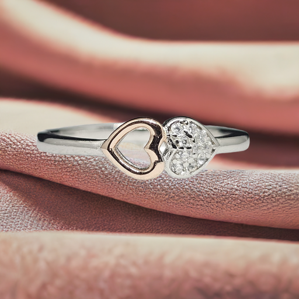 Pure Silver Two-Tone Double Heart Ring with Crystals - Gold & Silver Finish