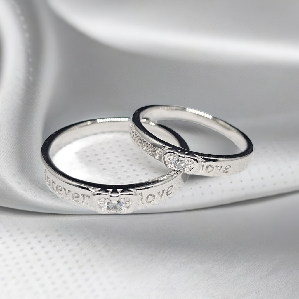 Silver Couple Rings with "Forever Love" Engraving & CZ Stones