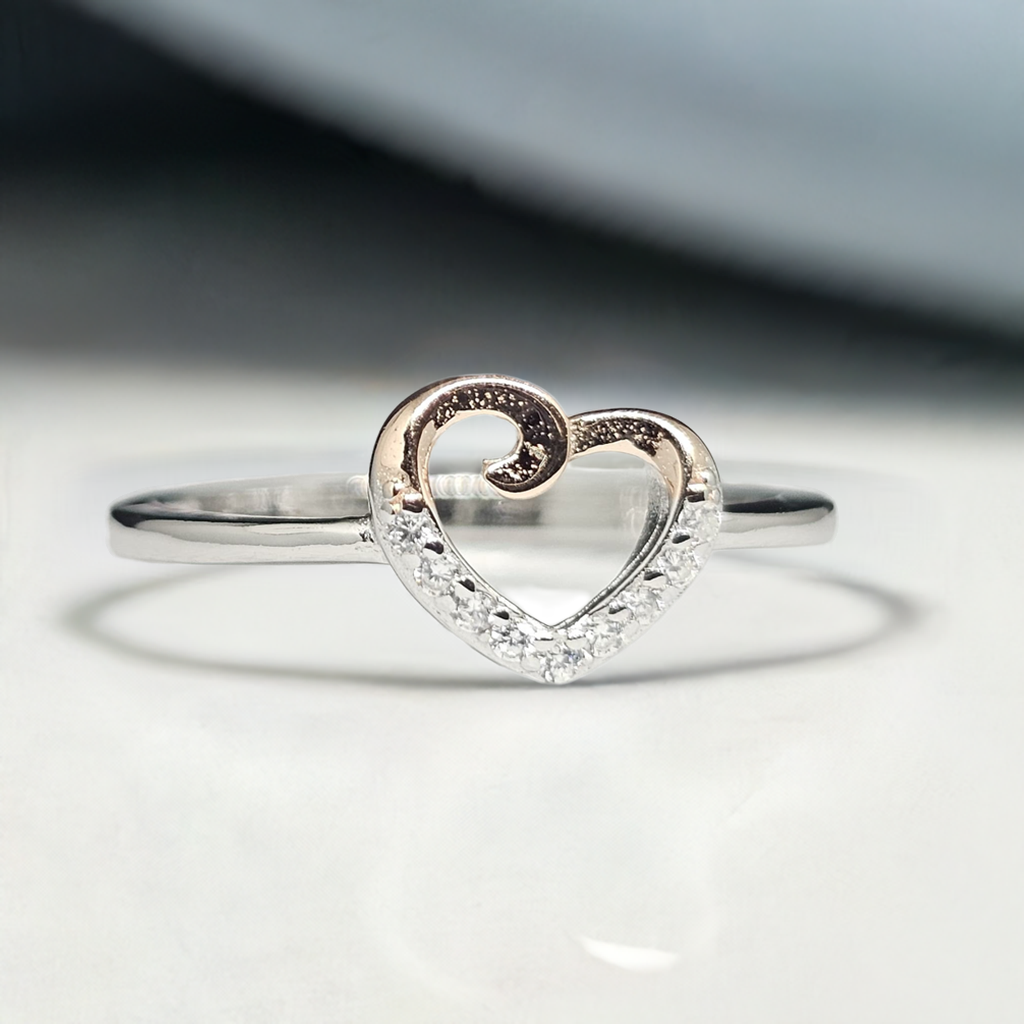 Sterling Silver & Rose Gold Double Heart Ring with Diamond Accents