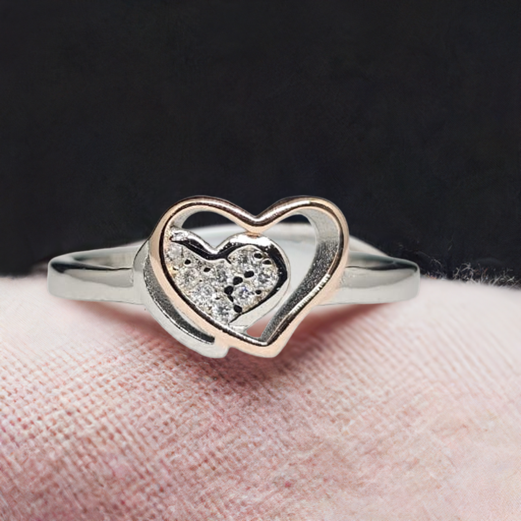 Sterling Silver & Rose Gold Double Heart Ring with CZ Sparkle