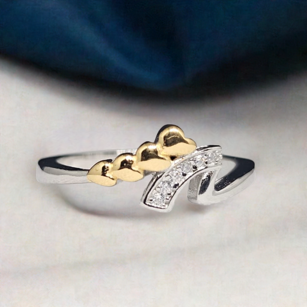 Silver Ring with Gold Heart Detail & CZ Curve - Chic Asymmetrical Design