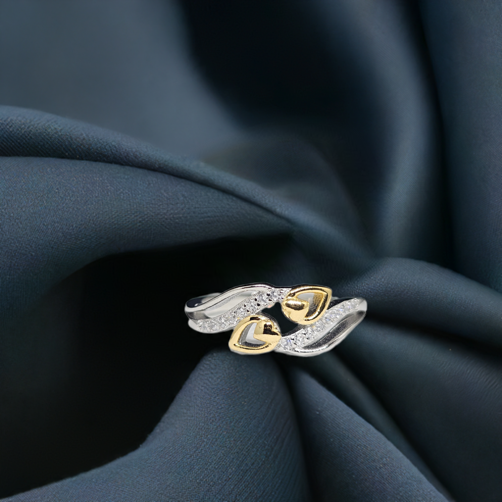 Pure Silver Women Ring with Gold Coated Hearts and White Stones - SilverCarats