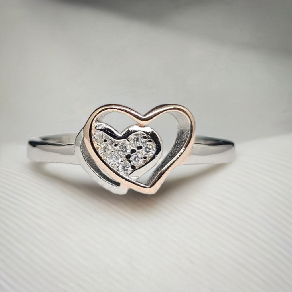 Sterling Silver & Rose Gold Double Heart Ring with CZ Sparkle