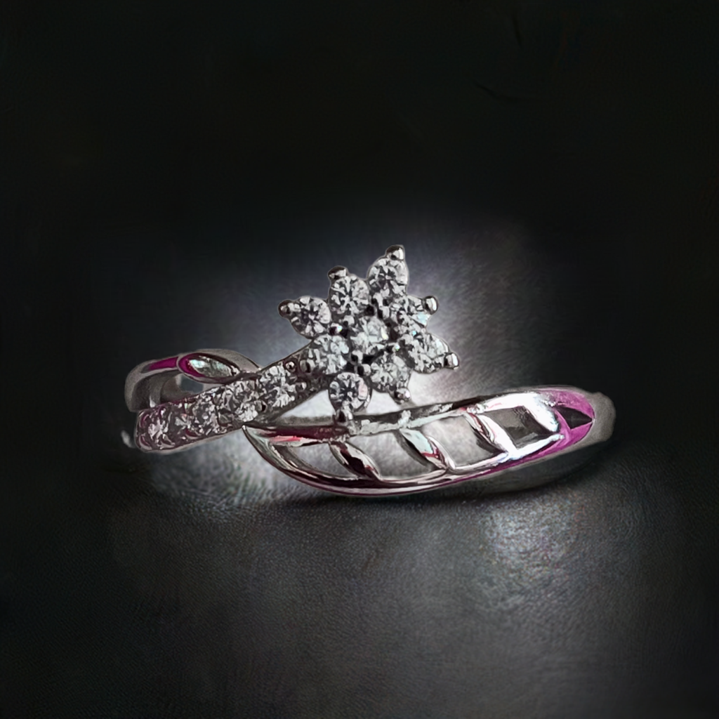 Pure Silver Flower Ring with Shiny White Stones