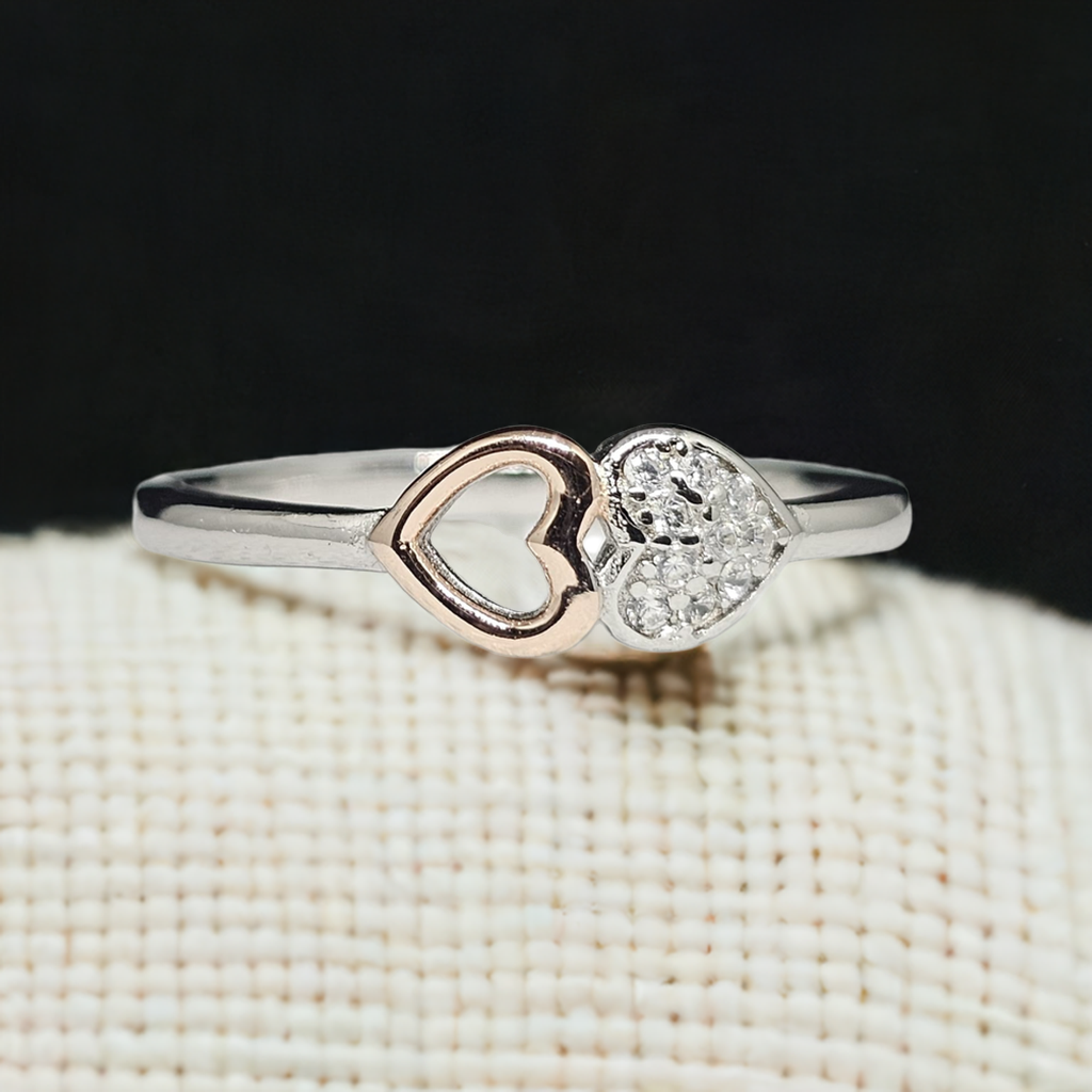Pure Silver Two-Tone Double Heart Ring with Crystals - Gold & Silver Finish