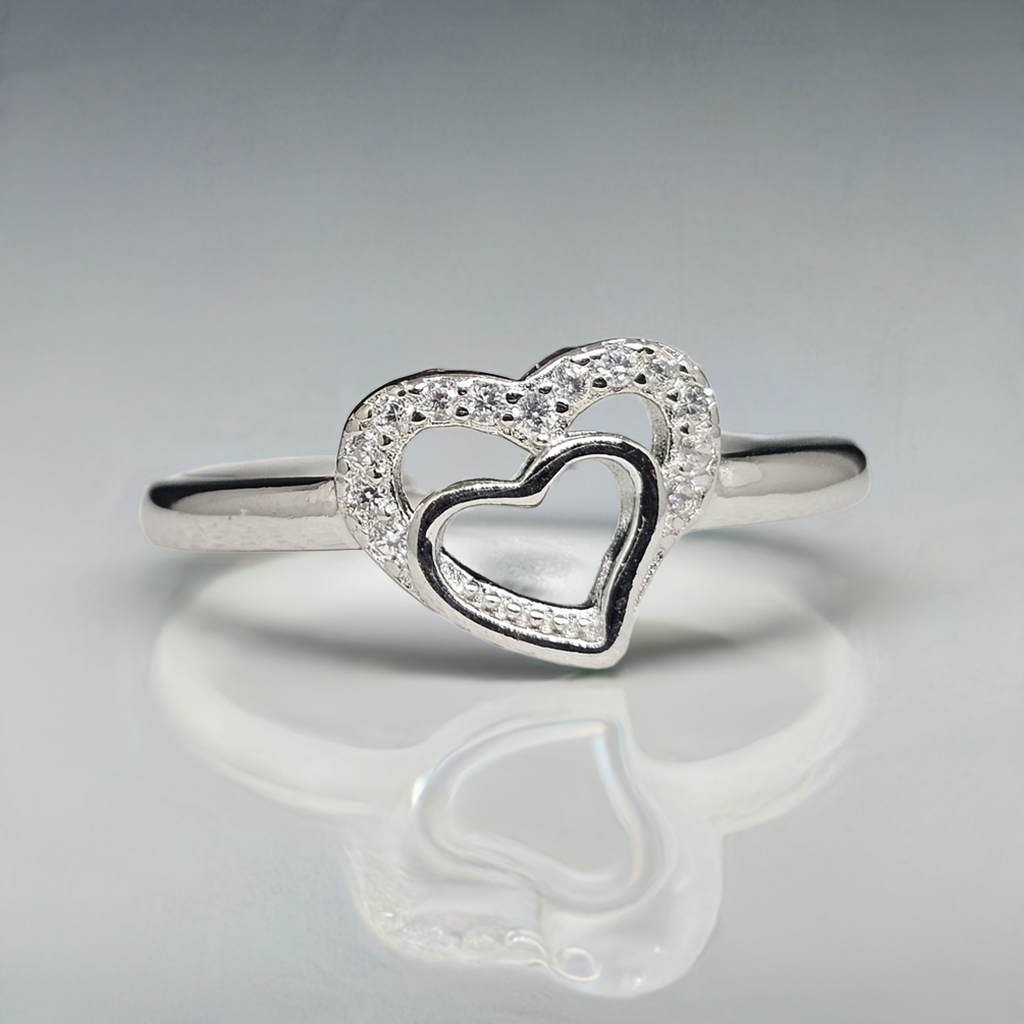 "Heart Within a Heart" Sterling Silver Ring with CZ Pave Edge