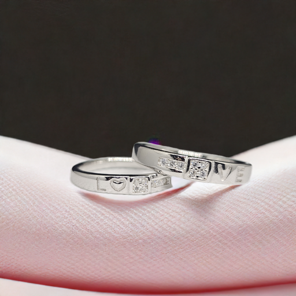 "Love" Message Silver Couple Band RIngs with CZ Detail