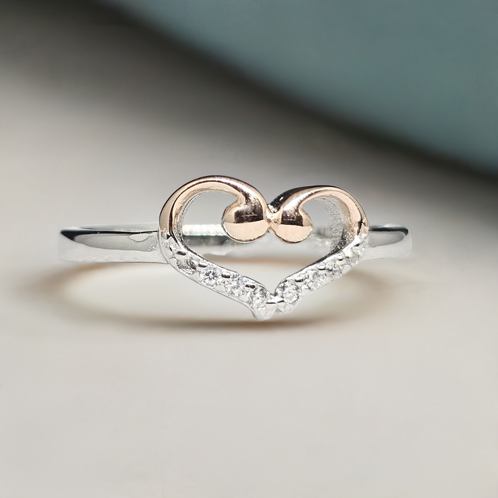 Love Loop" Silver Ring with Rose Gold Heart & CZ Stones