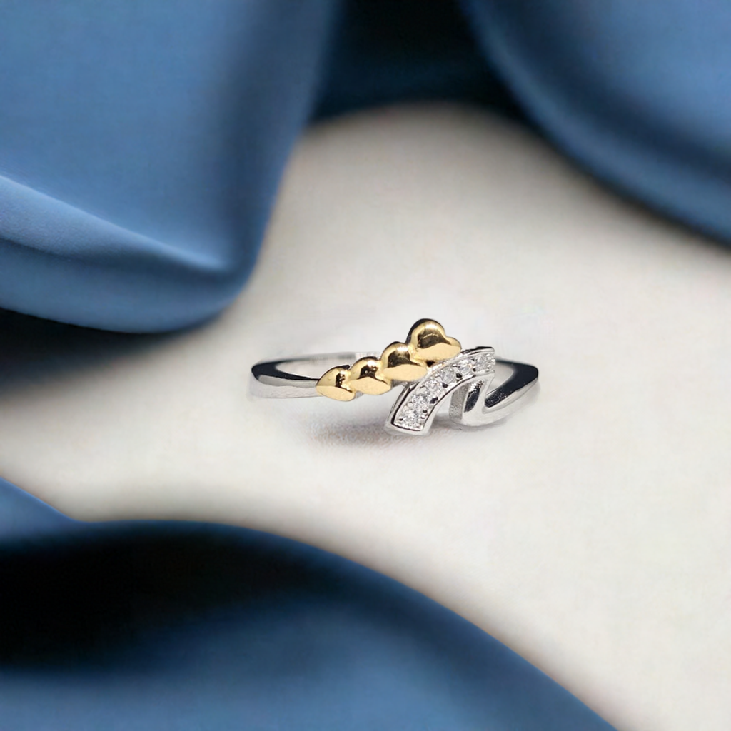 Silver Ring with Gold Heart Detail & CZ Curve - Chic Asymmetrical Design