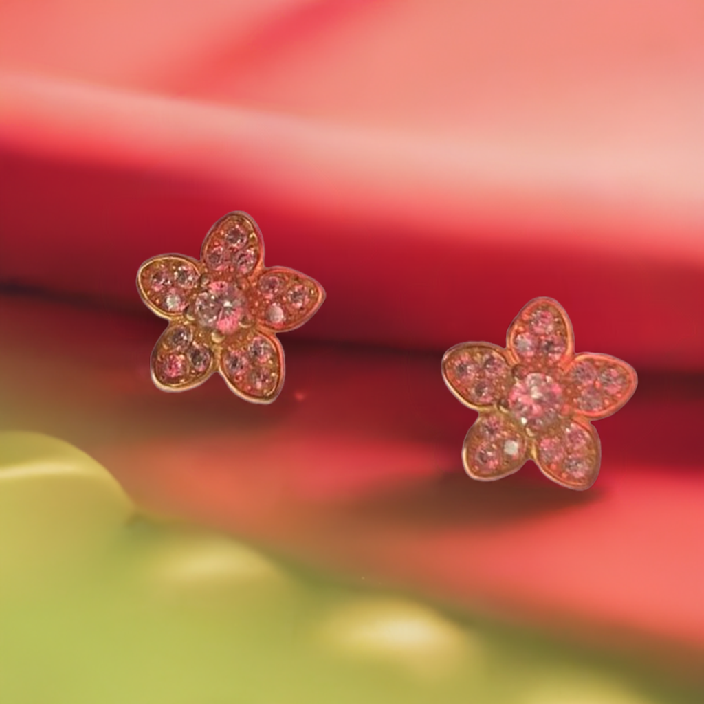 Gold Coated Flower Shaped Pure Silver Ear rings with White Stones
