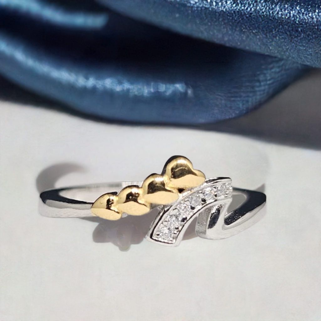 Silver Ring with Gold Heart Detail & CZ Curve - Chic Asymmetrical Design