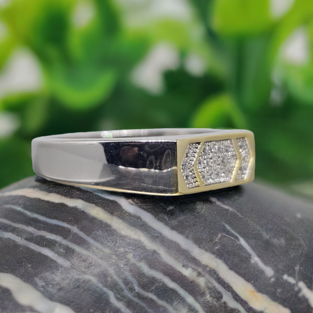 Two-Tone Gold & Sterling Silver Hexagon CZ Ring - Modern Luxury Design