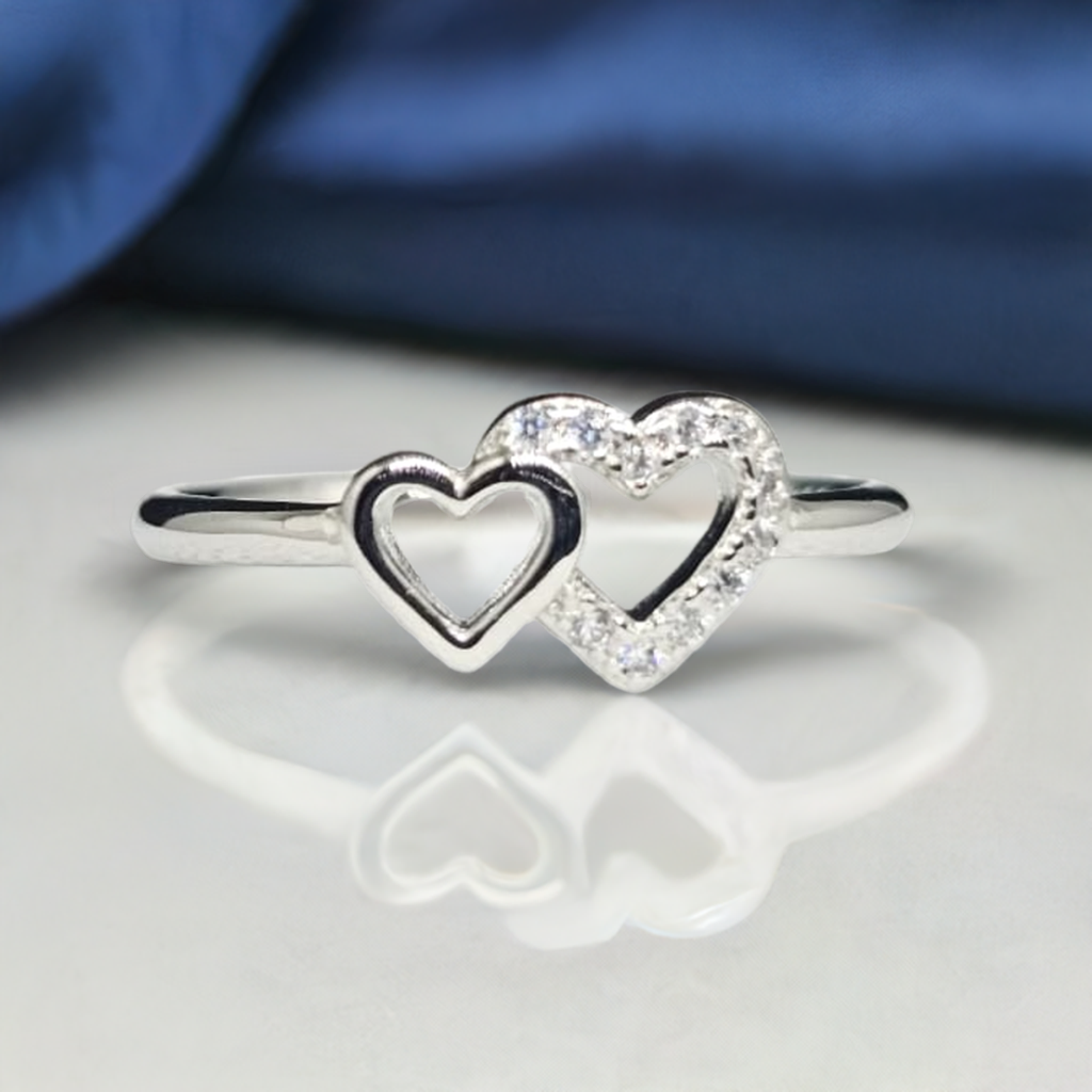 "Heart Song" Sterling Silver Interlocking Heart Ring with CZ Trail
