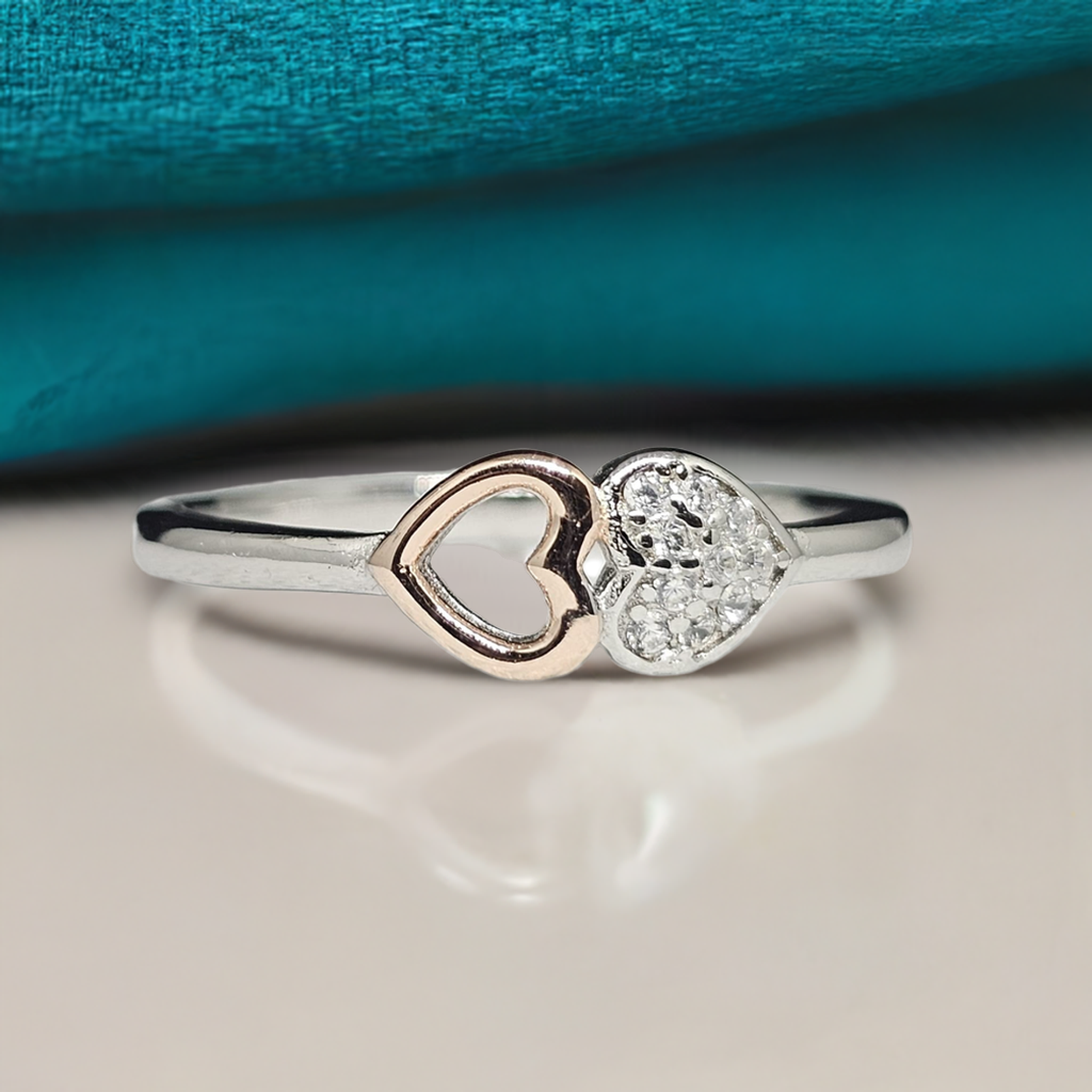 Pure Silver Two-Tone Double Heart Ring with Crystals - Gold & Silver Finish