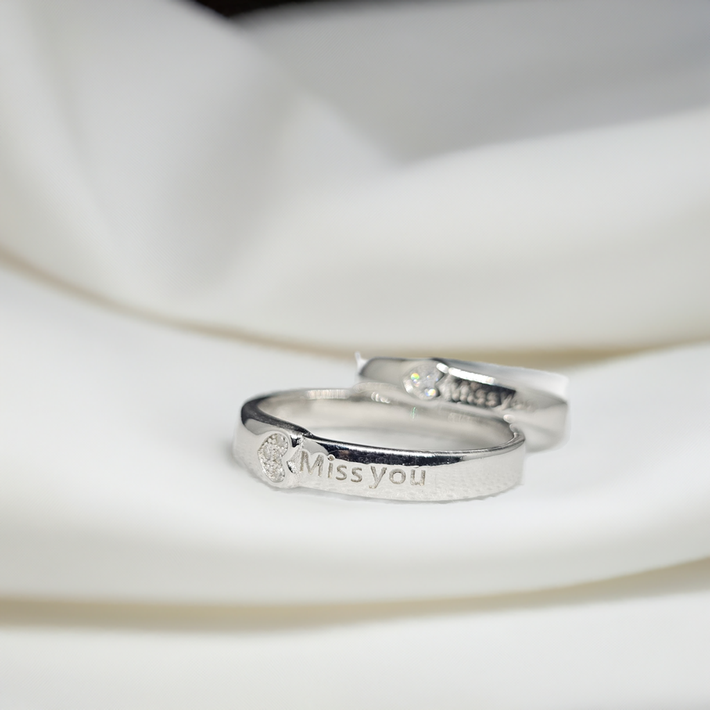 "Miss You" Engraved Silver Couple Rings with CZ Accent