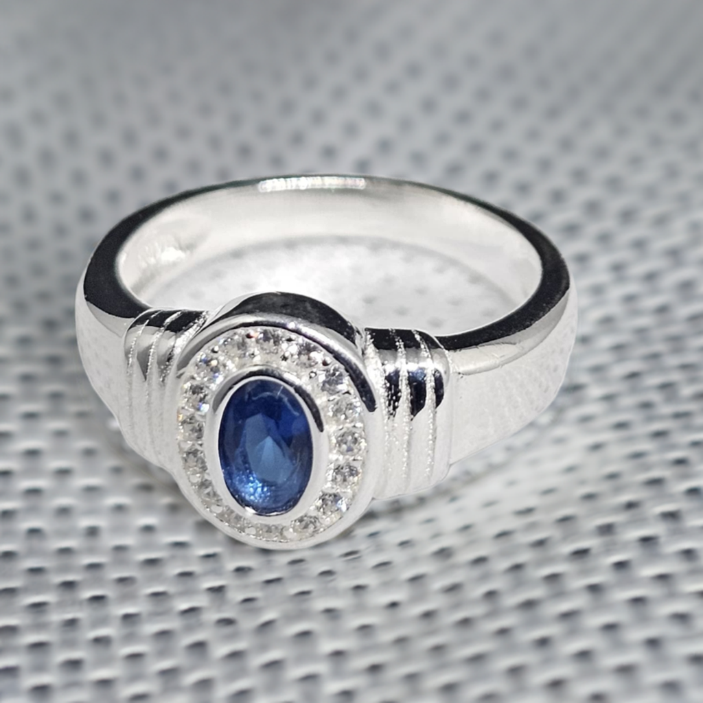 Sterling Silver Sapphire & Cubic Zirconia Halo Ring - Elegant Oval Design