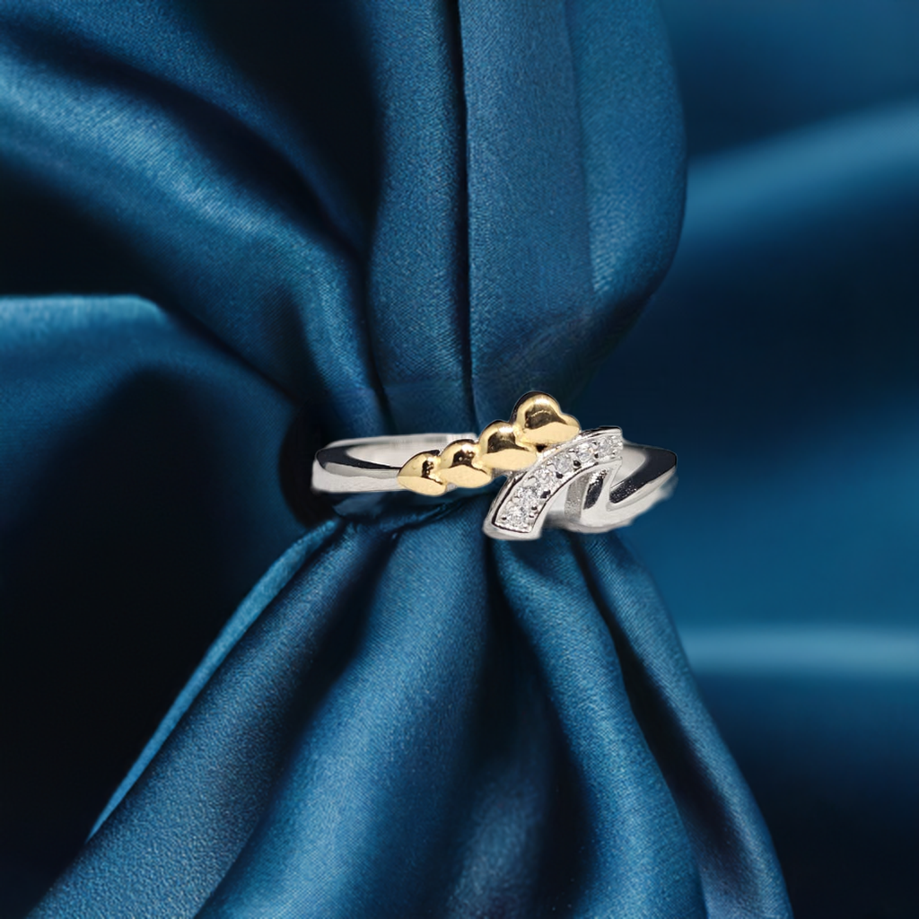Silver Ring with Gold Heart Detail & CZ Curve - Chic Asymmetrical Design