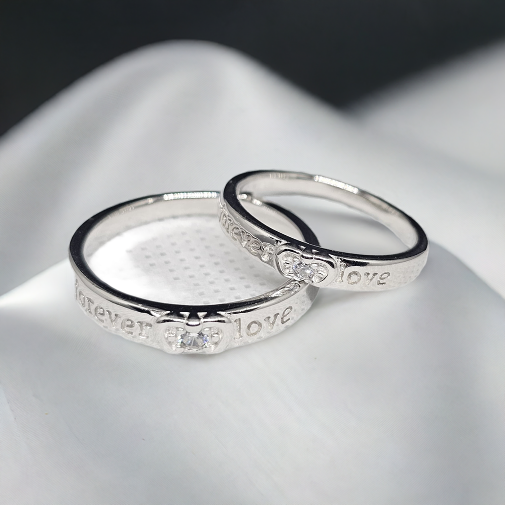 Silver Couple Rings with "Forever Love" Engraving & CZ Stones