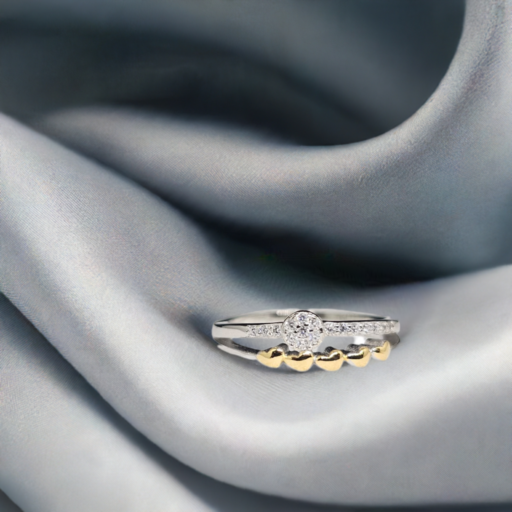 Modern Romance Stacked Silver Ring with Gold Hearts