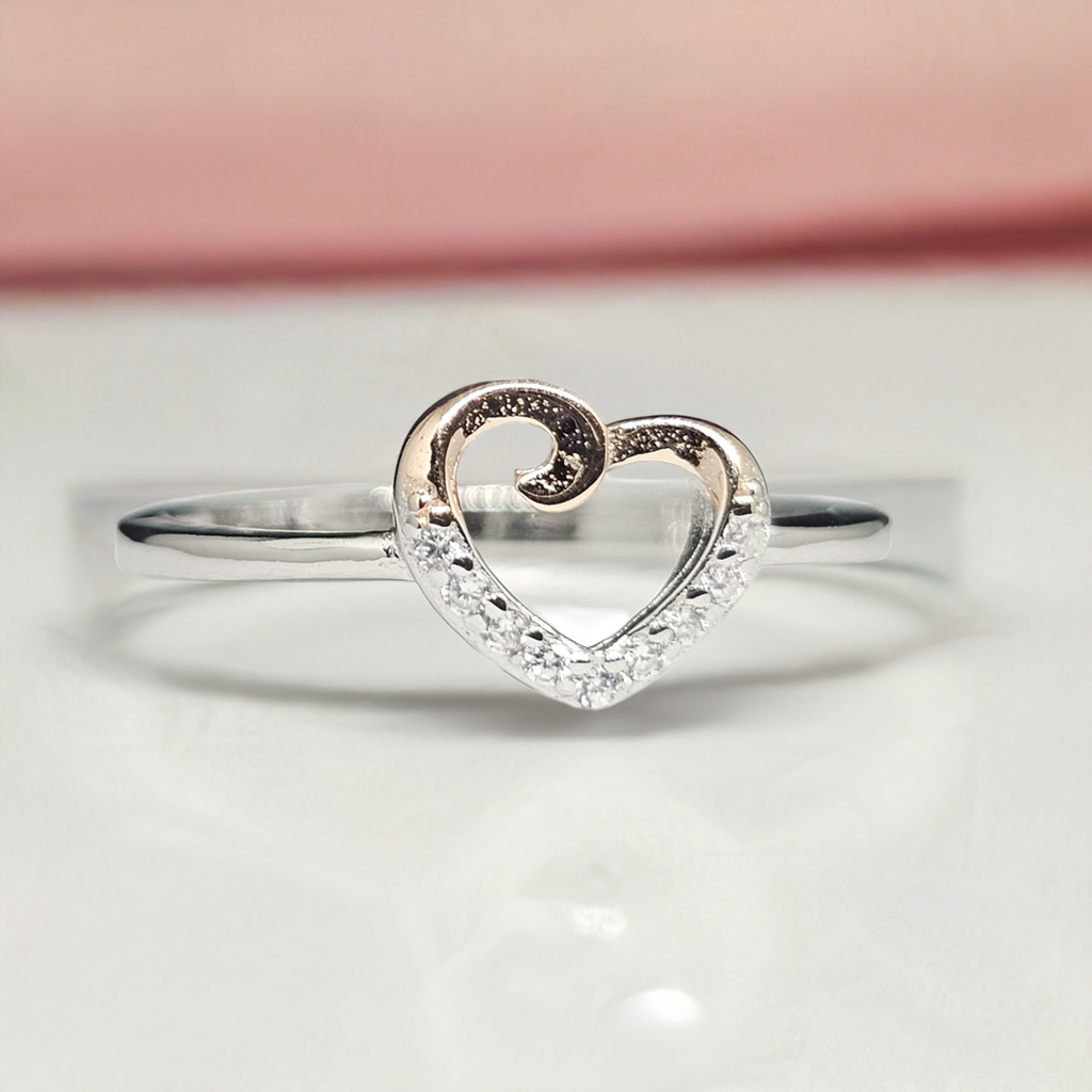 Sterling Silver & Rose Gold Double Heart Ring with Diamond Accents
