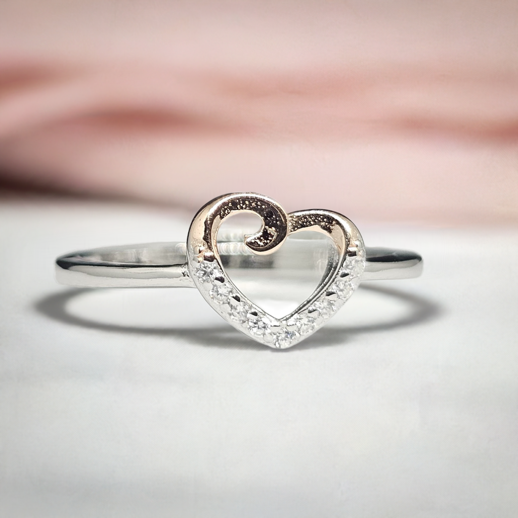 Sterling Silver & Rose Gold Double Heart Ring with Diamond Accents