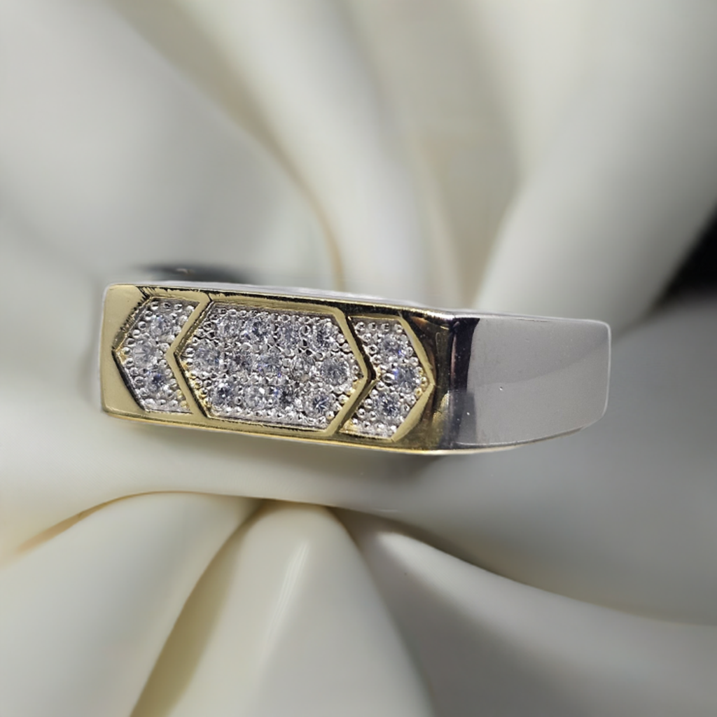 Two-Tone Gold & Sterling Silver Hexagon CZ Ring - Modern Luxury Design