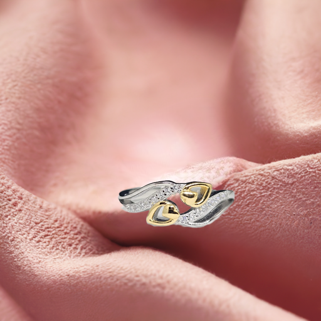 Pure Sterling Silver Bypass Ring with Gold Hearts & Crystal Accents