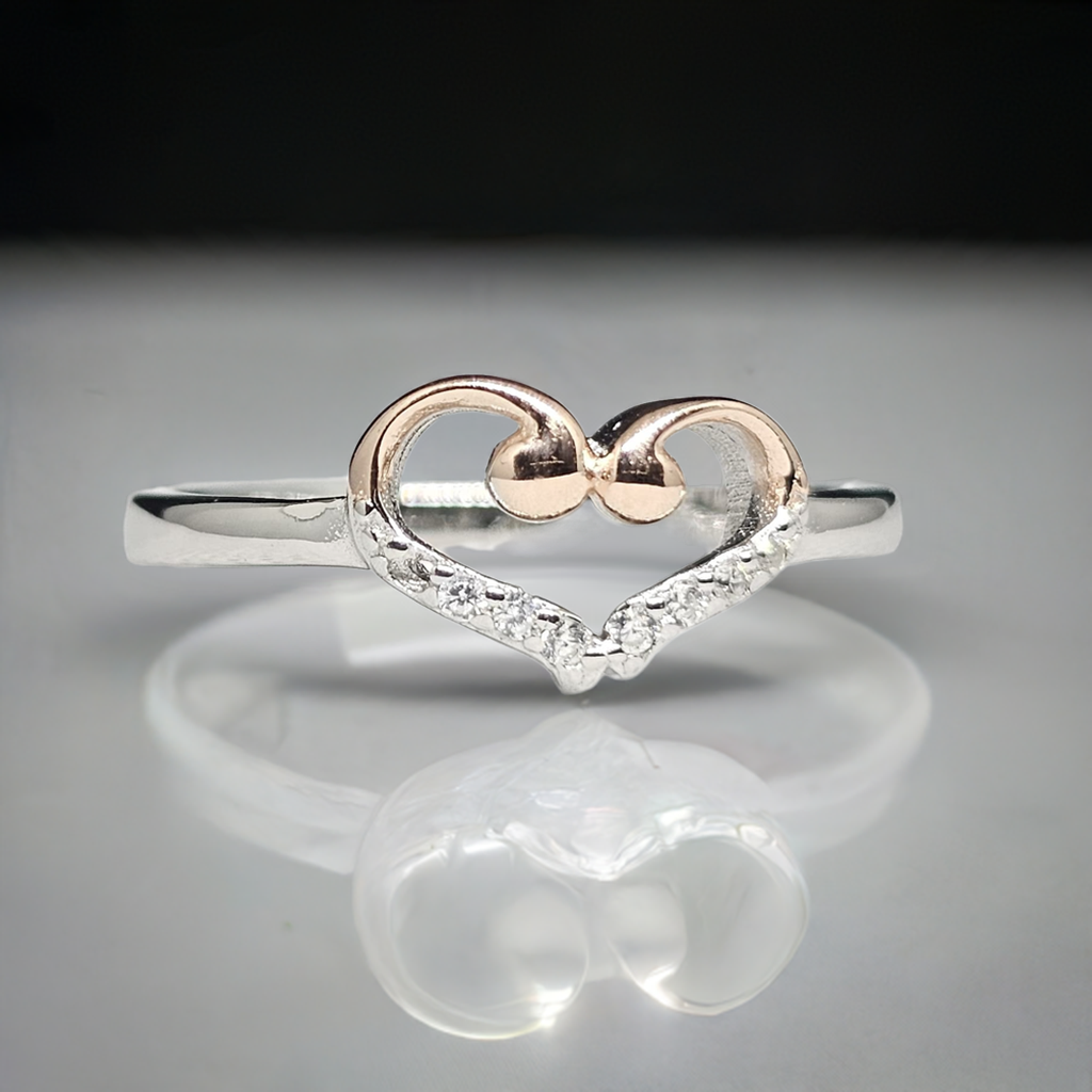 Love Loop" Silver Ring with Rose Gold Heart & CZ Stones