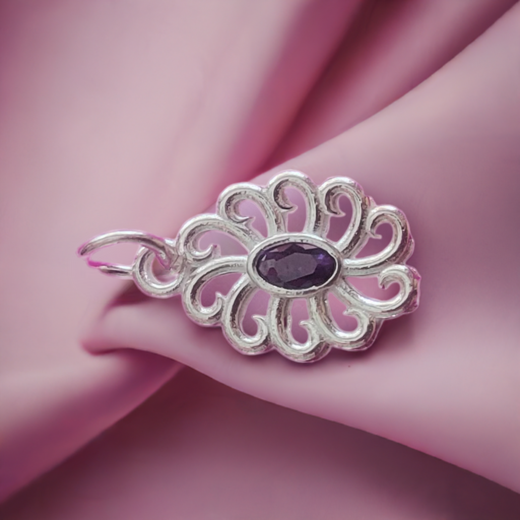 Pure Silver Flower Pendant with Black CZ Stone