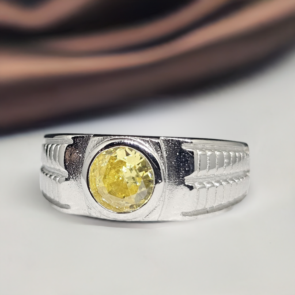 Men's Sterling Silver Yellow CZ Statement Ring - Bold Geometric Design