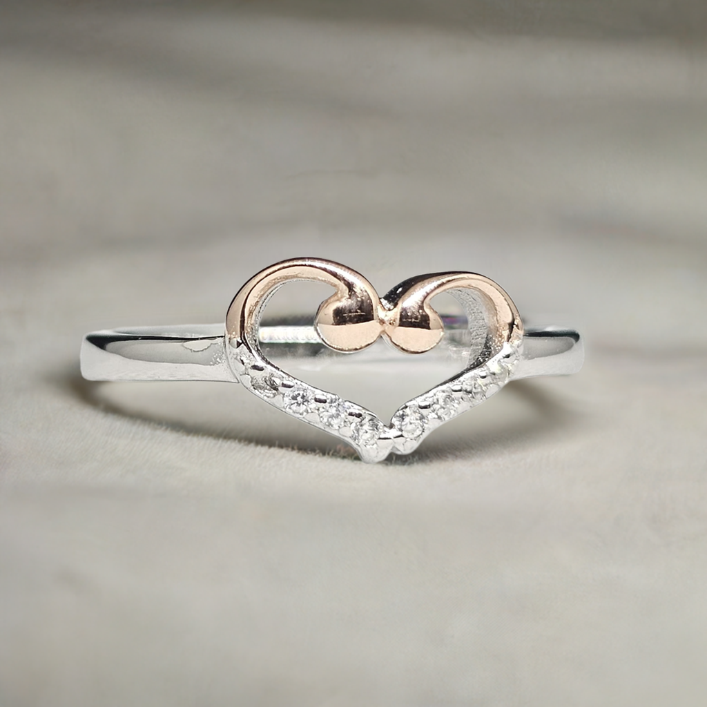 Love Loop" Silver Ring with Rose Gold Heart & CZ Stones