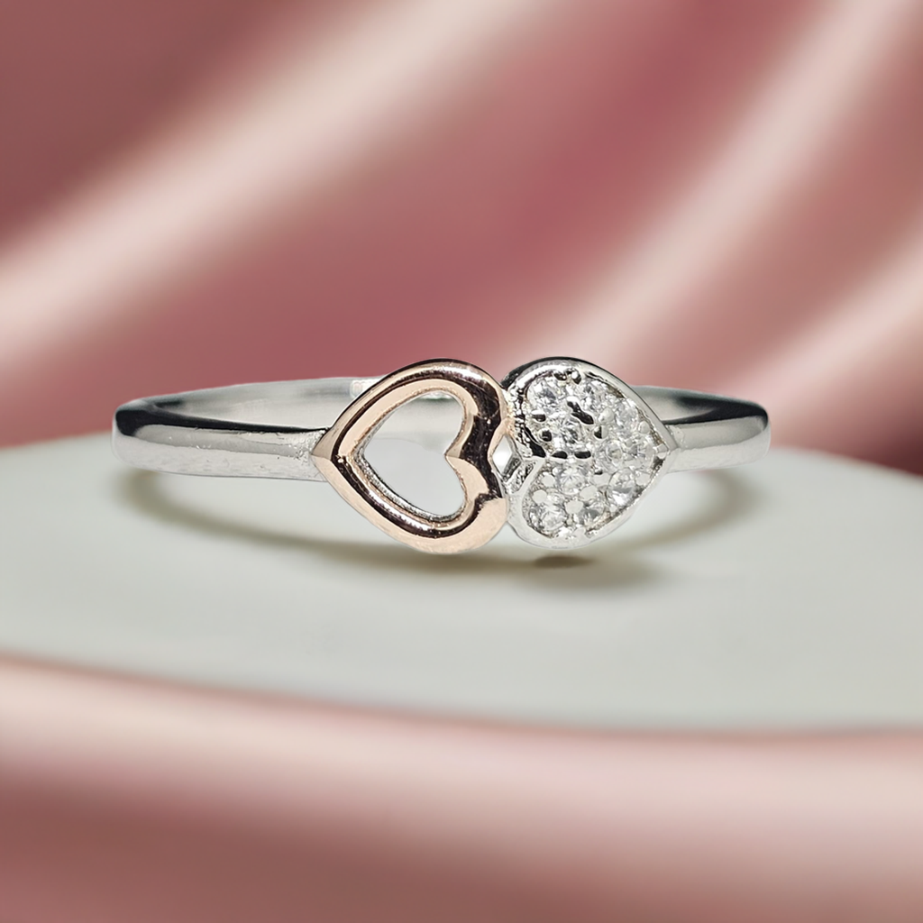 Pure Silver Two-Tone Double Heart Ring with Crystals