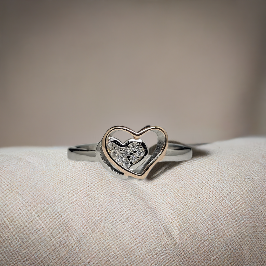 Pure Silver Couple Heart Ring with Gold Coating
