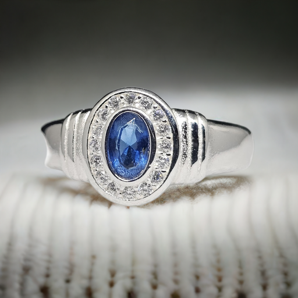 Sterling Silver Sapphire & Cubic Zirconia Halo Ring - Elegant Oval Design
