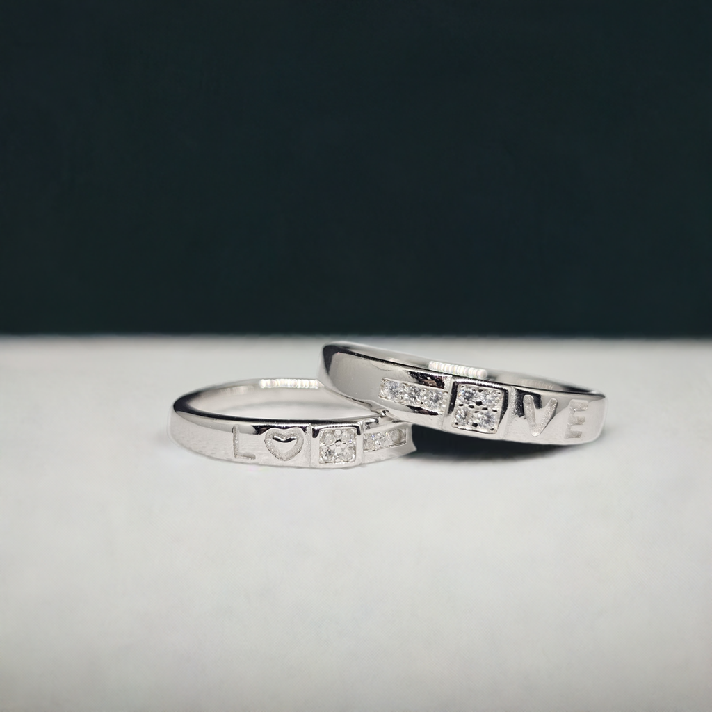 "Love" Message Silver Couple Band RIngs with CZ Detail